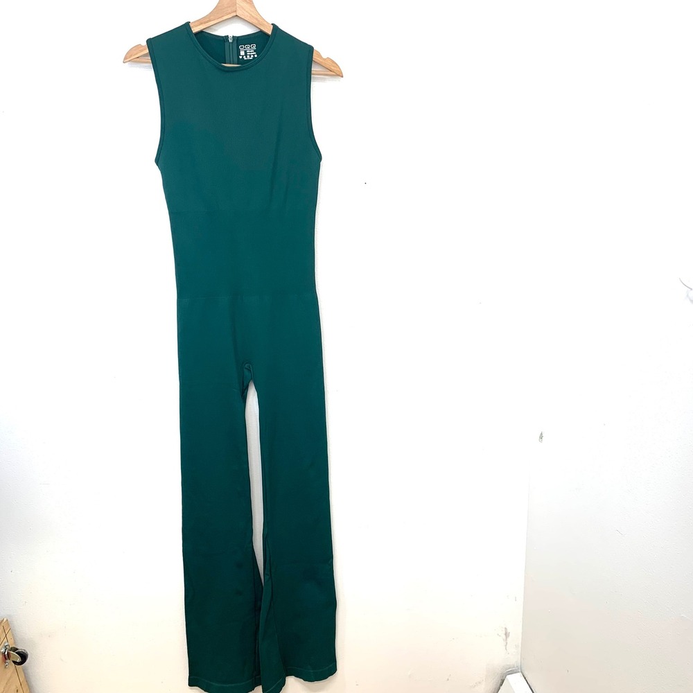 OQQ Womens Ribbed Sleeveless Flare Leg Jumpsuit Green Large Athleisure Yoga